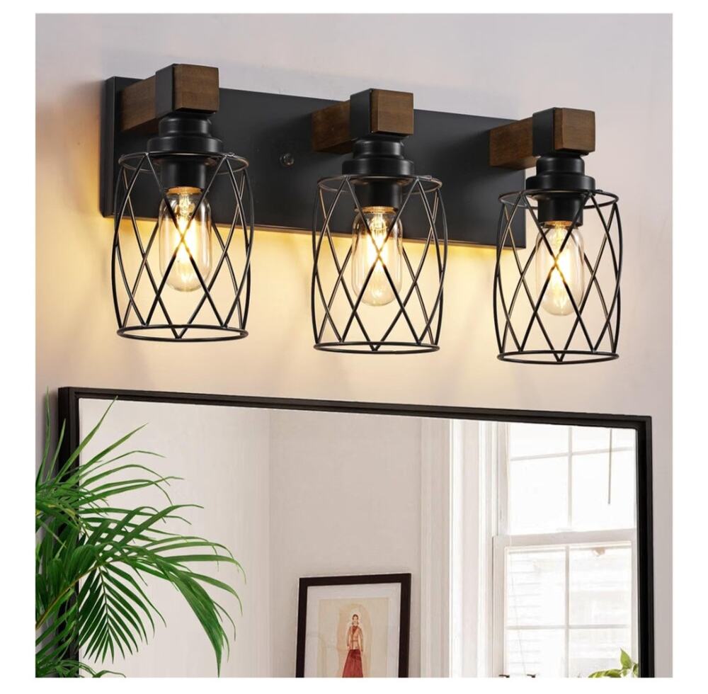 XvmBvm 3 Light Farmhouse Vanity Light Rustic Wood Black Metal E26